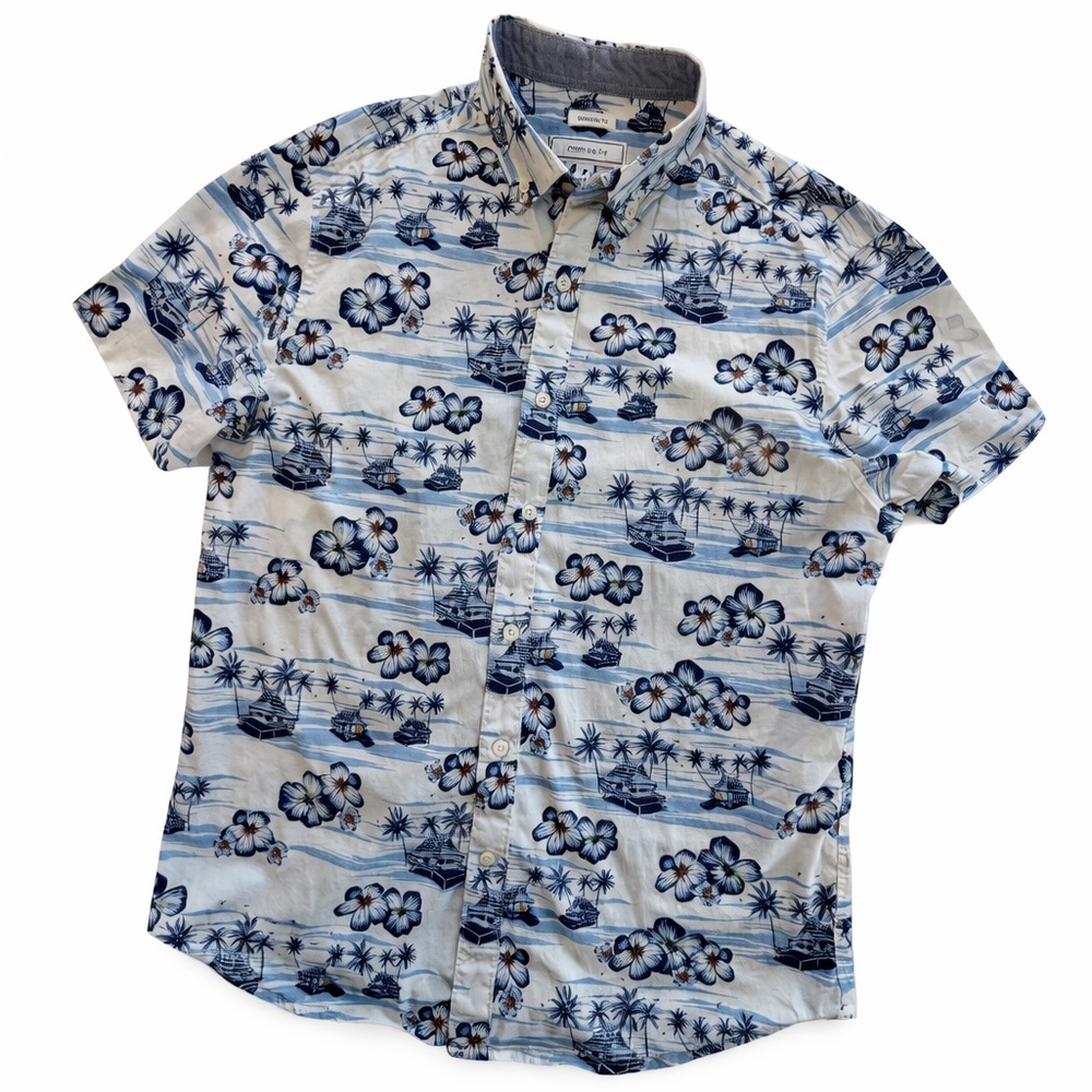 Crown & Ivy short sleeve button-down shirt blue white tropical size M
